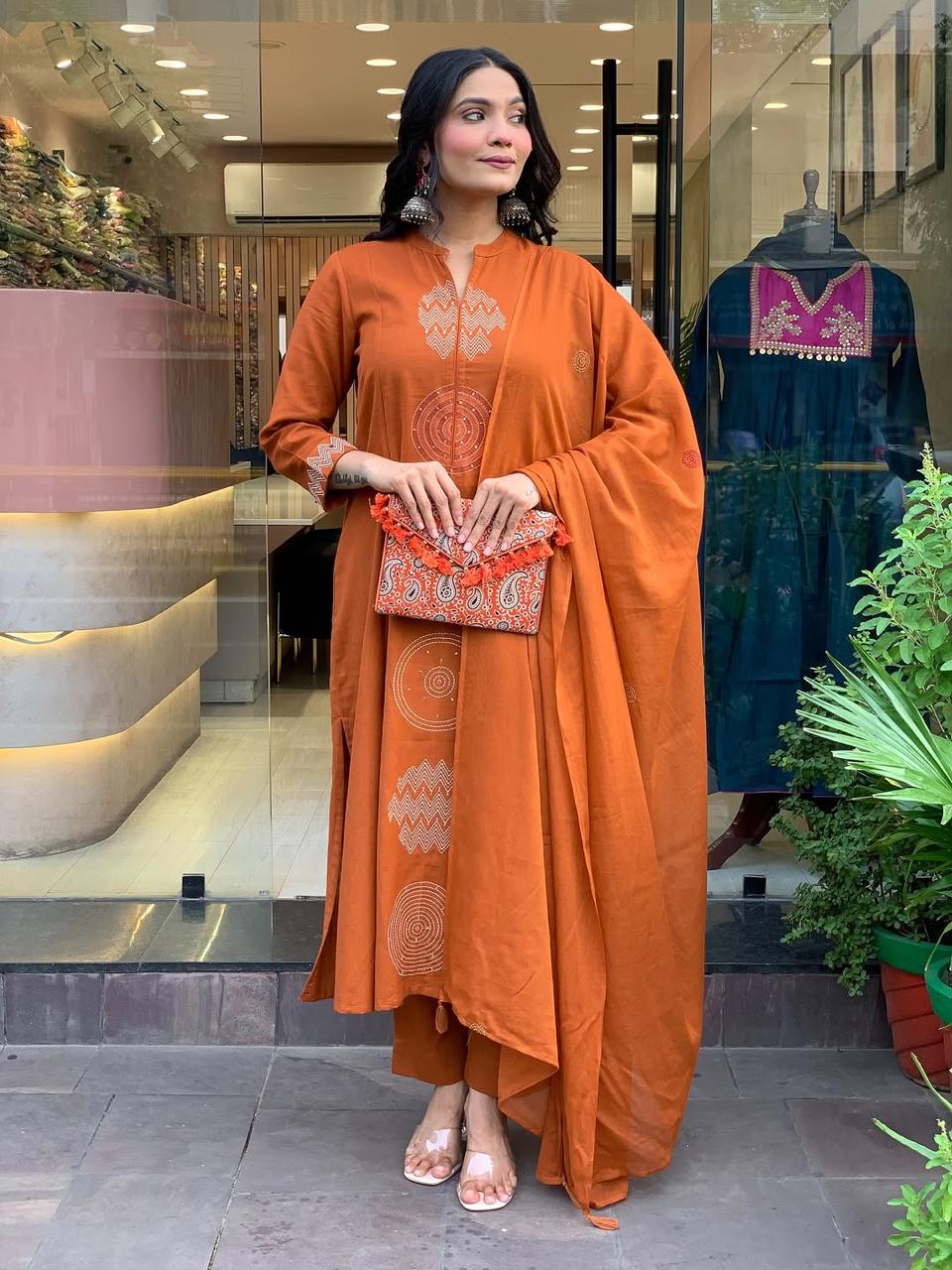 Rust Orange Embroidered Cotton Suit Set with Dupatta