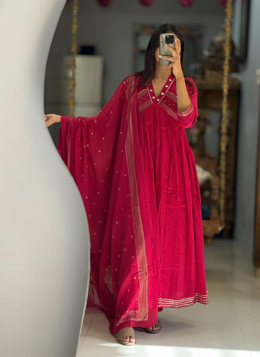 Rani Pink Anarkali Kurta Set with Dupatta for Women
