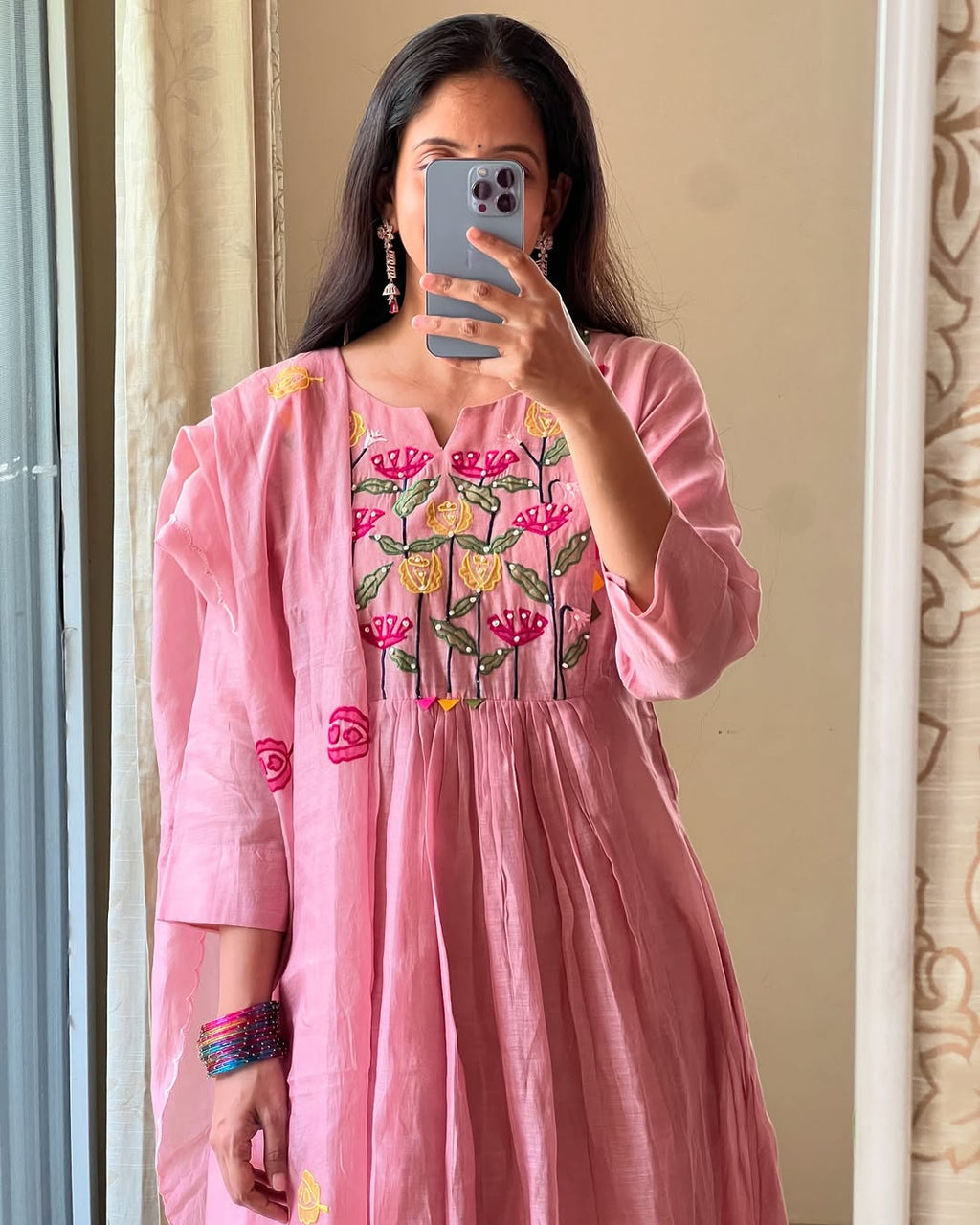 Pink Hand Embroidered Cotton Kurta Set with Dupatta