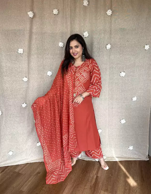 Rust Orange Cotton Bandhani Kurta Set with Dupatta for Women